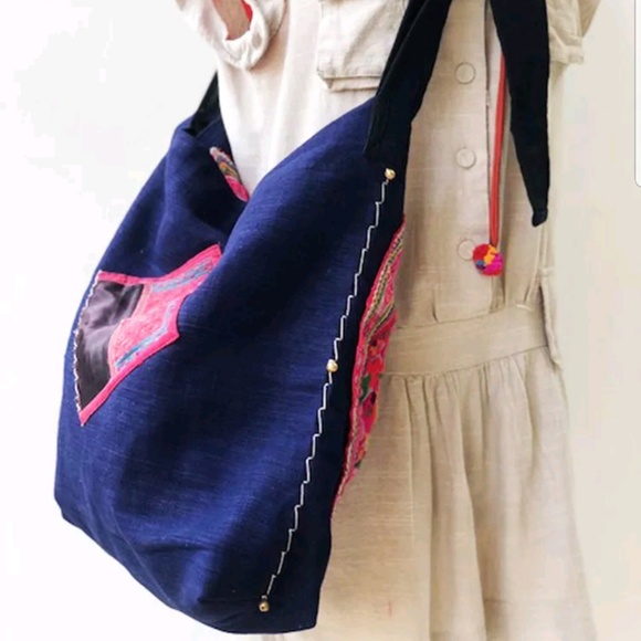 Hand Crafted Hmong Tribal Thai Vintage Ethnic Textile Slouchy Tote Handbag - Picture 7 of 11